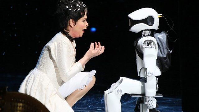 Dutch mezzo-soprano Caren van Oijen performs with a robot named "Myon" during a rehearsal of the opera "My Square Lady"