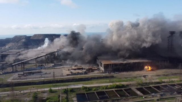 Video released by the Ukrainian Azov Corps shows the Mariupol steel plant being shelled.