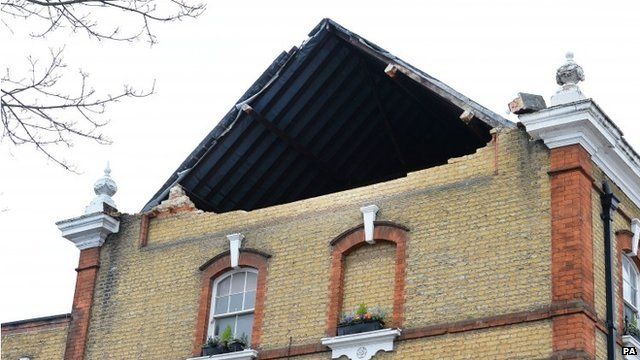 A view of the damaged roof of The Duchess pub in Battersea, London