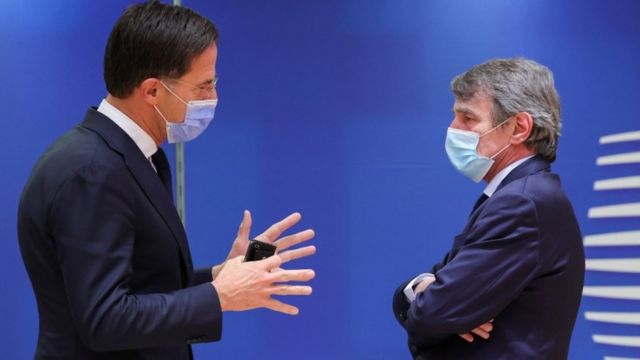 Dutch Prime Minister Mark Rutte speaks with the President of the European Parliament, David-Maria Sassoli