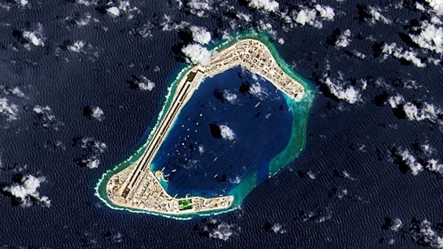 A satellite image of Subi Reef, an artificial island being developed by China in the Spratly Islands in the South China Sea