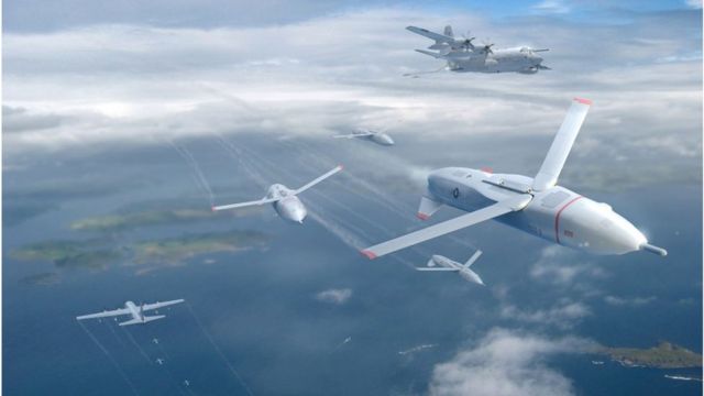 欧洲的 “未来战斗空中系统”（FCAS）项目包括无人机蜂群和动能武器战术（美国DARPA无人机蜂群构想图）(photo:BBC)