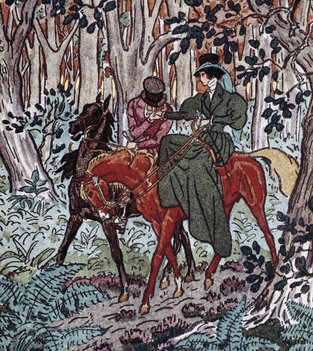 Ilustración para la novela hecha por Pierre Brissaud en 1921 mostrando el paseo por el bosque de Rodolfo y Emma Bovary.