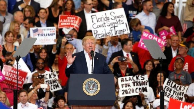 US President Donald Trump speaks during his "Make America Great Again" rally at Orlando Melbourne International Airport in Melbourne, Florida, US on 18 February 2017.