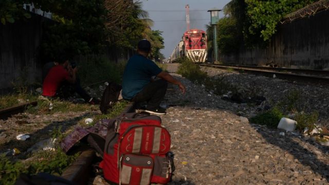 Migrantes en la carrilera el tren "la bestia".