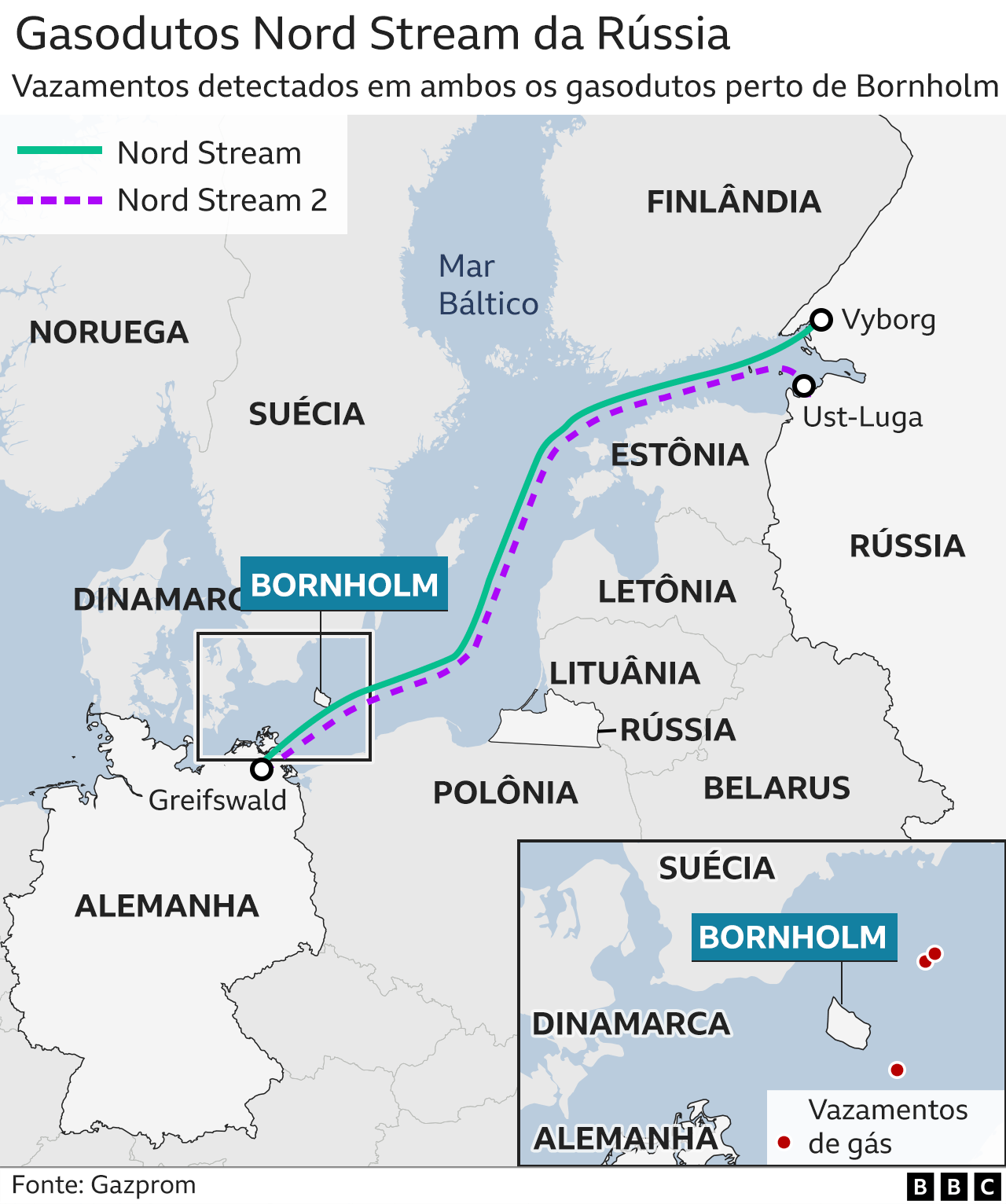 Mapa mostra traçado dos gasodutos Nord Stream da Rússia e local do vazamento