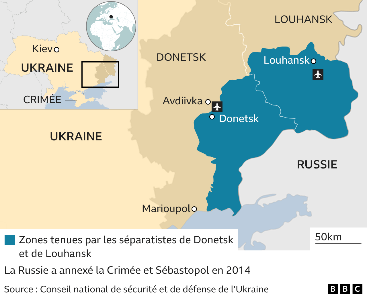 Carte montrant les régions de Donetsk et de Luhansk dans l'est de l'Ukraine et les zones tenues par les séparatistes soutenus par la Russie au sein de ces régions.