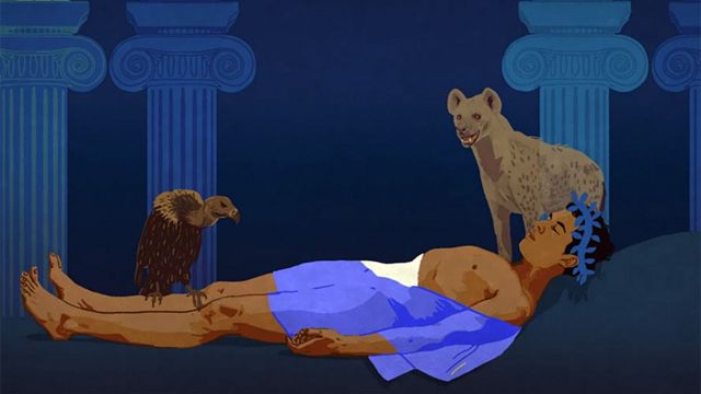 Cadáver de Polinices con hiena y ave