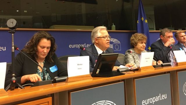 Татьяна Монтян, Петр Симоненко, Татьяна Жданок во время встречи в Европарламенте