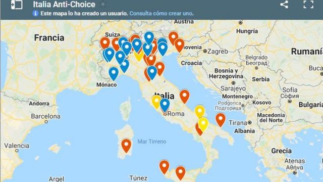 Mapa con los cementerios de fetos en Italia