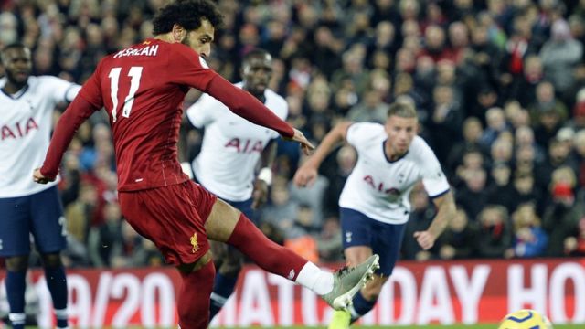 Mohamed Salah scoring a penalty against Tottenham Hotspur