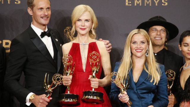Alexander Skarsgard, Nicole Kidman, Reese Witherspoon and other members of the Big Little Lies team pose with their Emmy for outstanding limited series