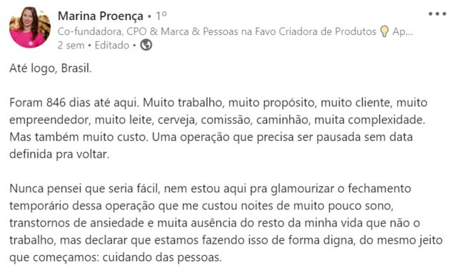 Trecho de postagem no LinkedIn onde a co-fundadora da Favo anunciou a suspensão da operação da empresa no Brasil