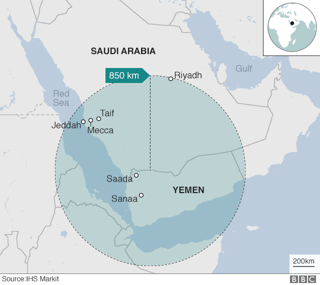 Map showing distance between rebel-held Yemen and Riyadh