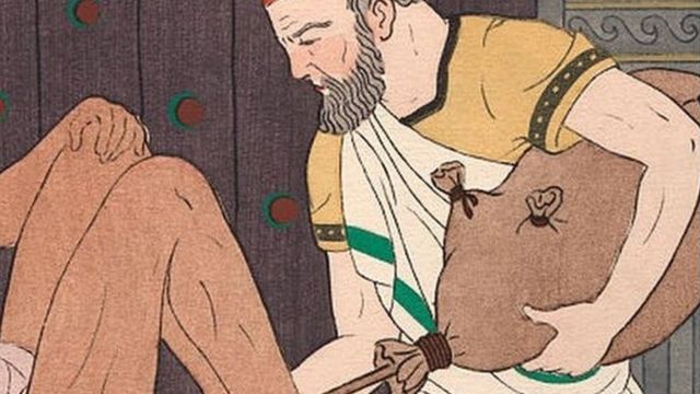 Litografia colorida de Hipócrates realizando um enema no século 5
