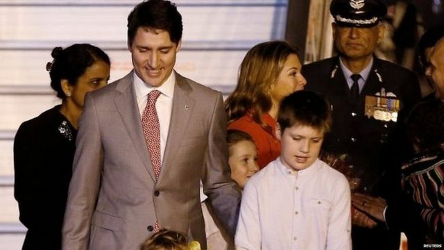 Canadian Prime Minister Justin Trudeau and his sons Hadrien (C) and Xavier (R) walk towards their car upon their arrival at Air Force Station Palam in New Delhi, India, February 17, 2018.