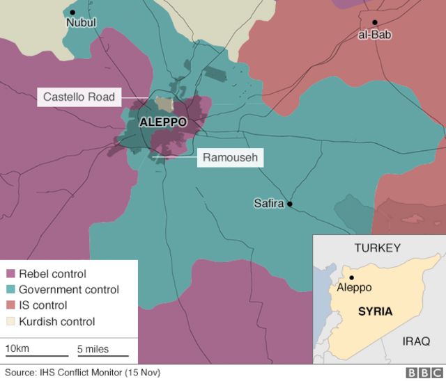 Map showing control of Aleppo, Syria on 15 November 2016