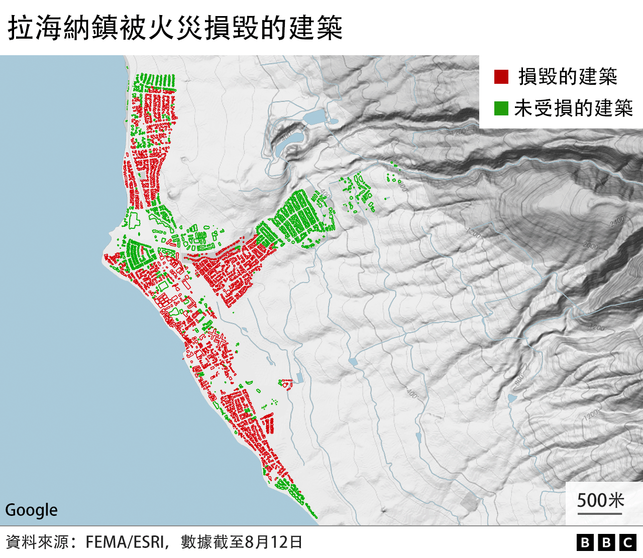 地图：夏威夷毛伊岛拉海纳镇被火灾损毁的建筑