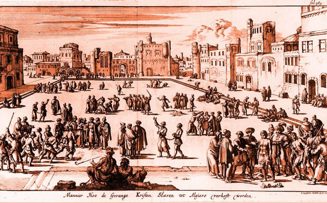 Mercado de esclavos en Argel, grabado de Luyken, circa 1650.