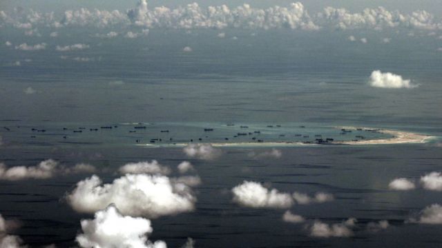 Spratly Islands as seen through the window of a military plane on 16 October 2015