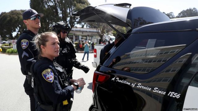 Police survey the scene outside of the YouTube headquarters on April 3, 2018 in San Bruno, California.