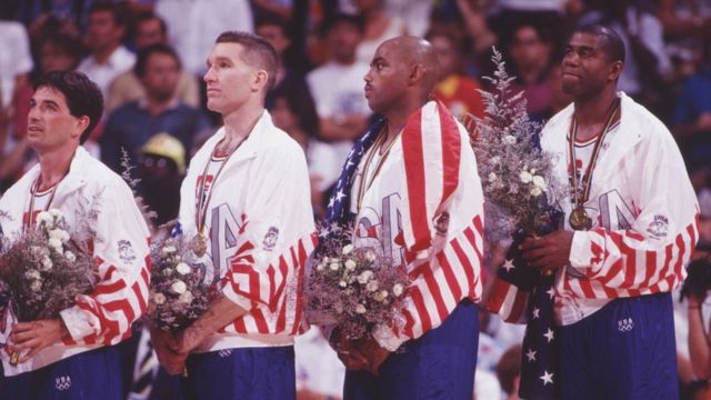 8 Aug 1992: John Stockton, Chris Mullen, Charles Barkley and Magic Johnson of the USA during the medal cermony after winning gold medal in men's basketball at the 1992 Olympic Games in Barclona, Spain.