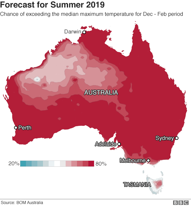 Map showing forecast high temperatures in Australia