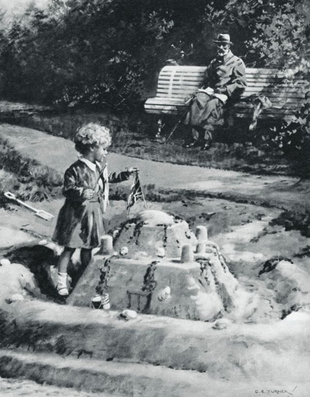 El artista CE Turner capturó esta imagen de la joven princesa con su abuelo el rey Jorge en Bognor Regis en 1929