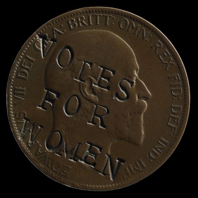 Emily Pankhurst. Defaced One penny Coin Votes for Women Suffragette Penny