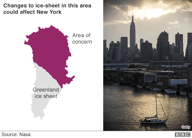 For New York, the area of concern is the ice sheet's entire northern and eastern portions