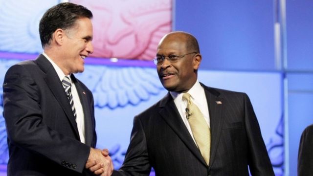 Mitt Romney and Herman Cain (R) at the CNN GOP National Security debate in 2011