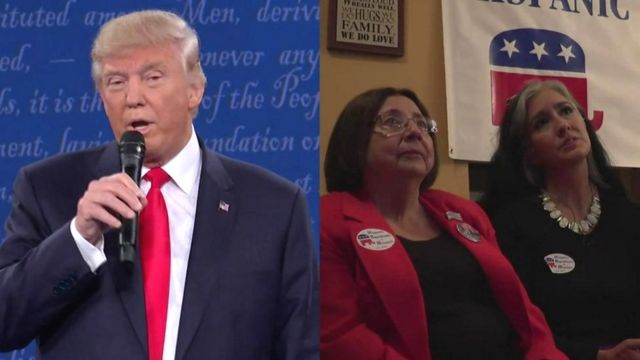 Donald Trump left and Donald Trump fans watch the presidential debate