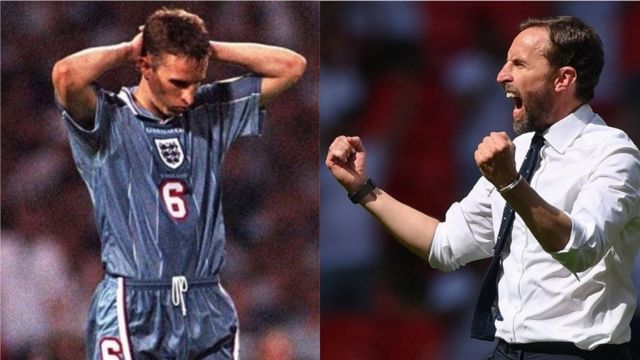 Photo collage showing Southgate as a player and a manager