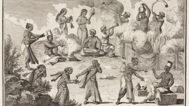 法国探险家皮埃尔·索纳拉特（Pierre Sonnerat）一幅描绘印度娑提仪式的画作。(photo:BBC)
