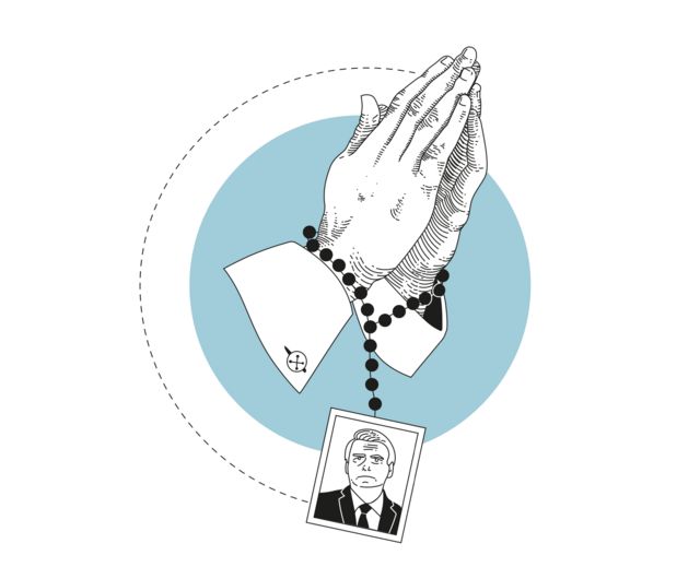 Ilustração de duas mãos juntas com um terço com a imagem de Bolsonaro