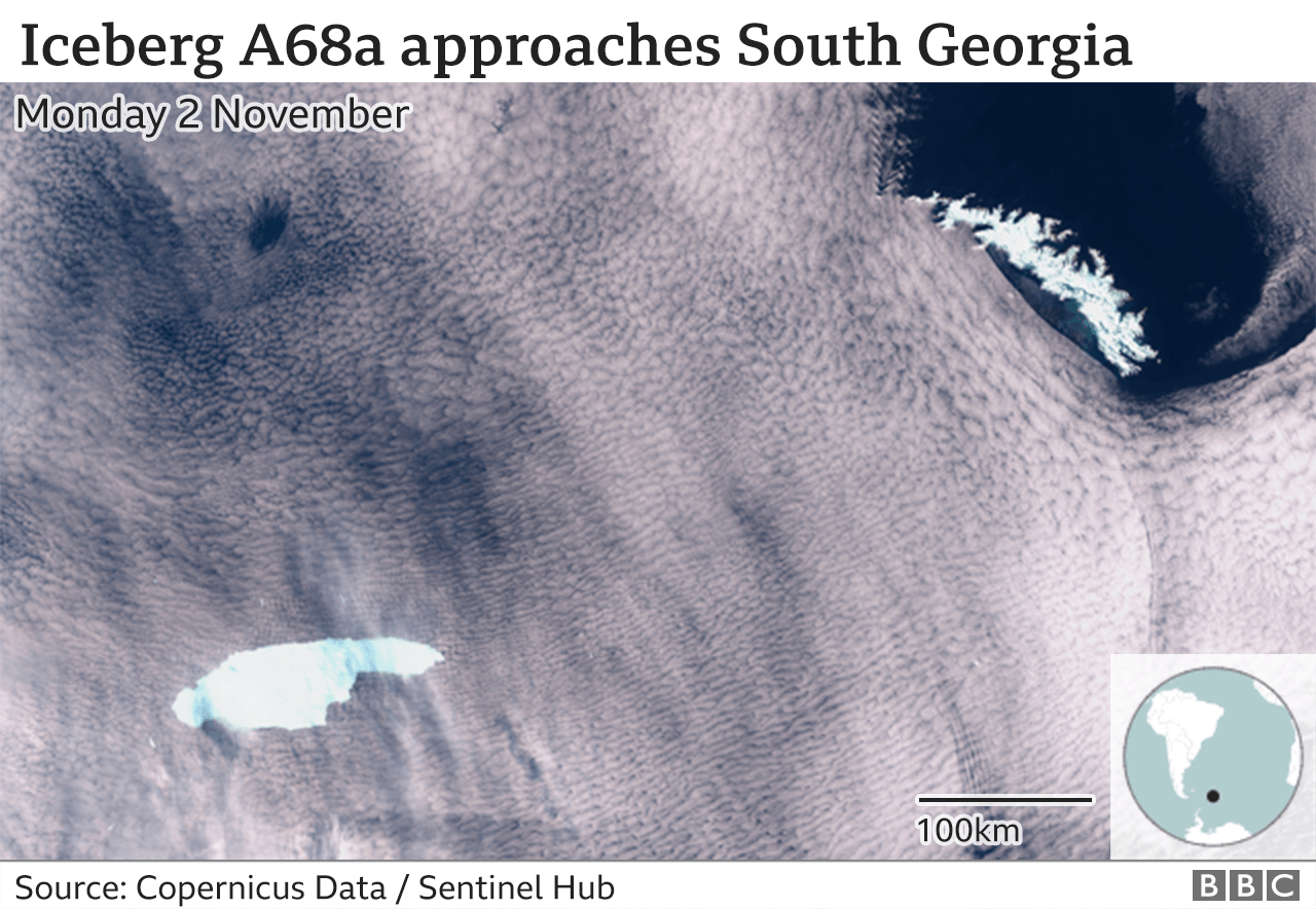 Айсберг А68а и Южная Георгия, спутниковый снимок