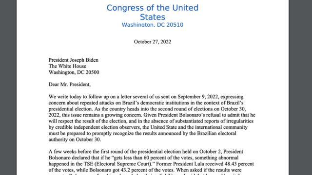 Em carta, congressistas dizem que "os EUA e a comunidade internacional devem estar preparados para reconhecer prontamente os resultados anunciados em 30 de outubro"