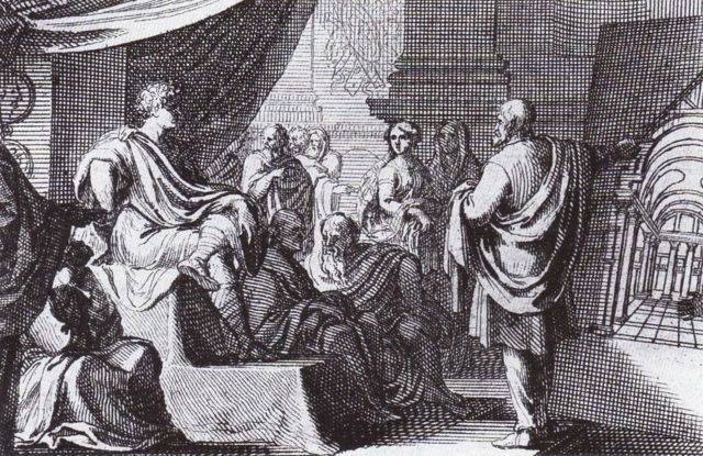 Grabado de Vitruvio exponiendo sus ideas al emperador