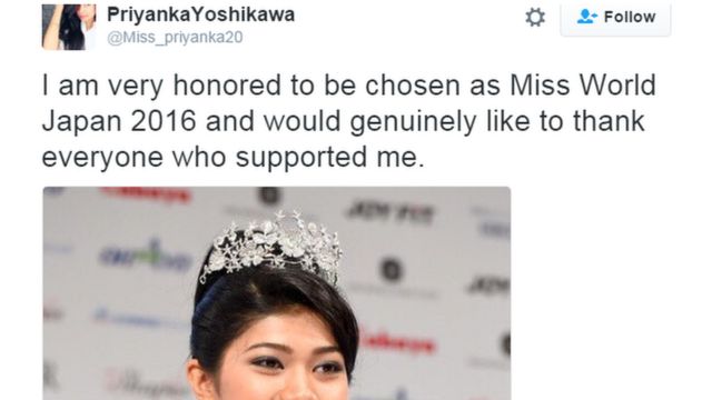 吉川さんはツイッターで「ミス・ワールド2016日本代表に選ばれて、本当に光栄です。私を支えてくれたすべての人に心から感謝します」と書いた。