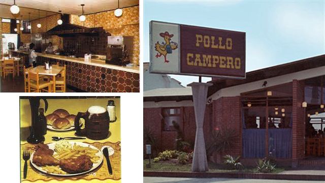 Así era el interior del primer restaurante Pollo Campero y el menú que se servía entonces; junto a la fachada exterior del segundo de sus restaurantes.