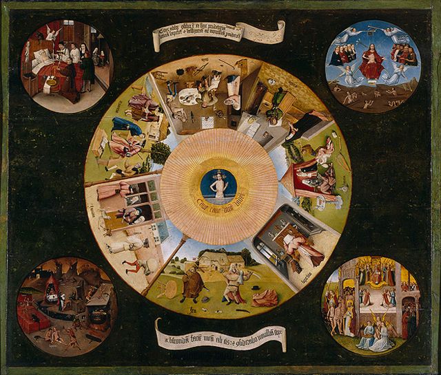 Mesa de los pecados capitales pintada por Jheronimus Bosch, el Bosco, circa 1505-1510