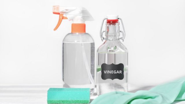 Imagen de botella para rocear al lado de otra que dice "vinagre"