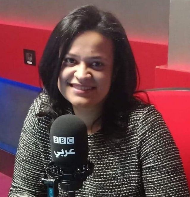 Marwa Helmy at the BBC microphone.