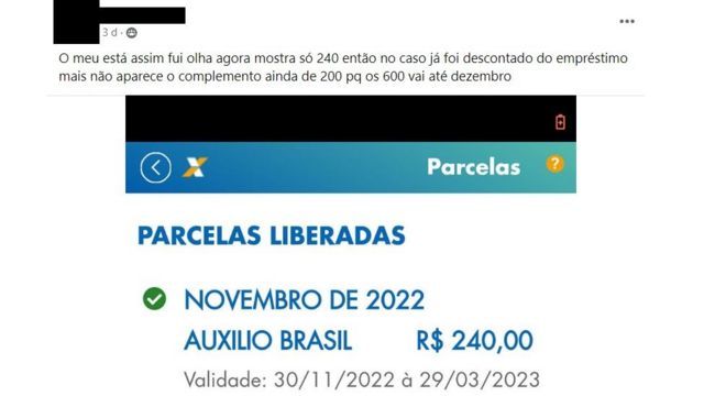 Print do Facebook onde mostrando tela do aplicativo Caixa Tem com Auxílio Brasil de 240 reais liberado para beneficiária em novembro