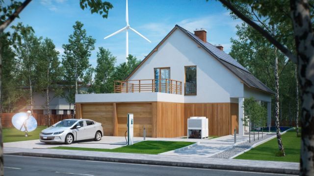 Una casa ecológica con un auto eléctrico, paneles solares y una turbina eólica
