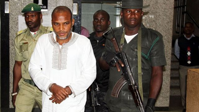 Nnamdi Kanu (centre) attends a treason felony trial at the Federal High Court in Abuja, on February 9, 2016.