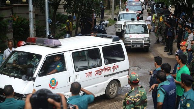 Ambulances carry bodies from the Holey Artisan Bakery in Dhaka, Bangladesh, 02 July 2016