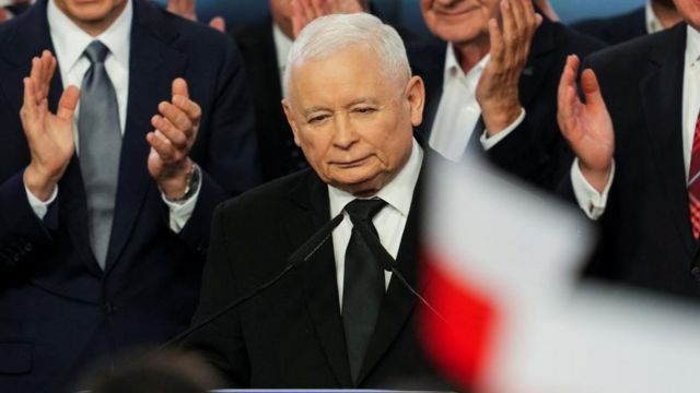 Leader of Poland's ruling conservative Law and Justice (PiS) party Jaroslaw Kaczynski, delivers a speech after the exit poll results are announced in Warsaw, Poland, October 15, 2023.