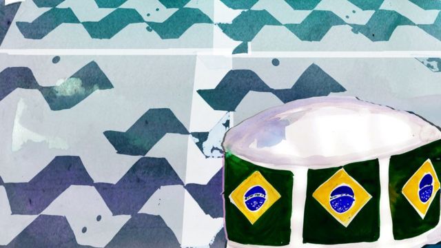 Ilustración de un plato de comida de perro decorado con banderas brasileñas