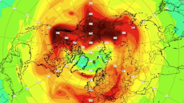 Mapa meteorológico sobre o ártico mostrando o buraco na camada de ozônio antes de se fechar